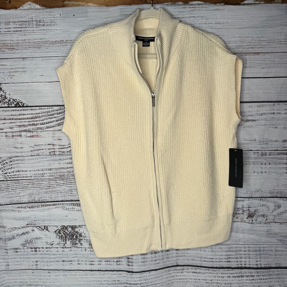 French Connection Cream Zip Sleeveless Sweater Ribbed Knit Sm
